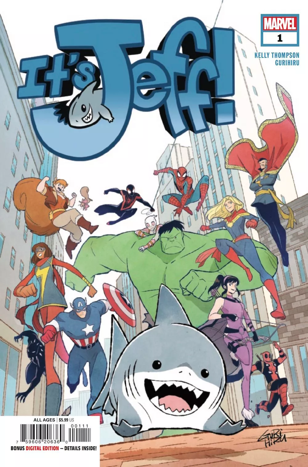 it's jeff cover with captain america, hulk, deadpool, spider man, squirrel girl, dr. strange, and ms marvel