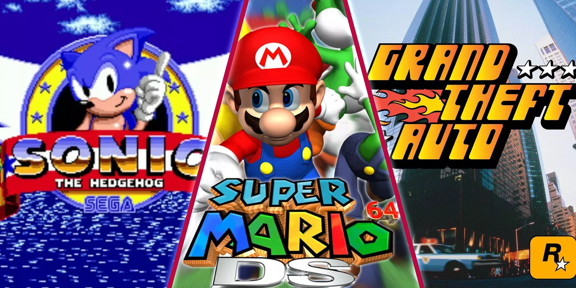 Three-way split image featuring Sonic the Hedgehog, Super Mario 64 and Grand Theft Auto.