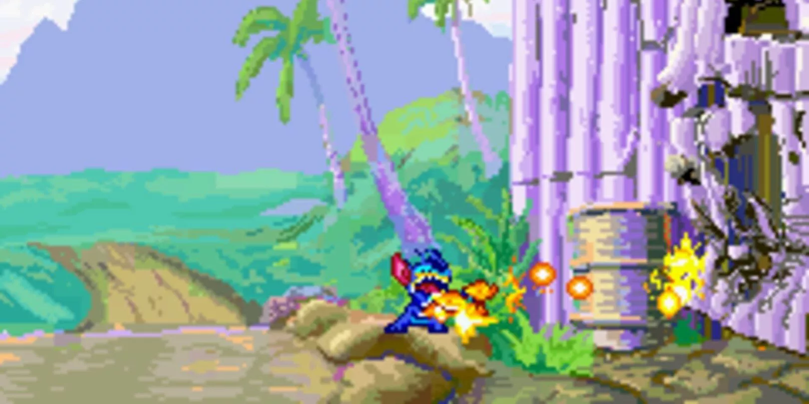 Stitch firing projectiles in Disney's Lilo & Stitch for the Game Boy Advance