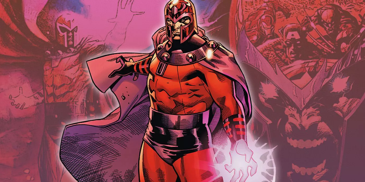 Magneto using his powers with his appearances on Marvel comic covers in the background