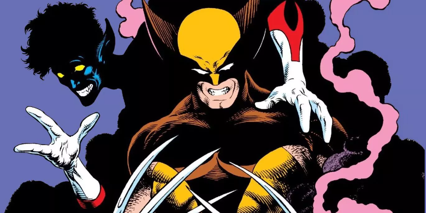 Wolverine posing fiercely, but Nightcrawler teleports on his shoulders being friendly - X-Men