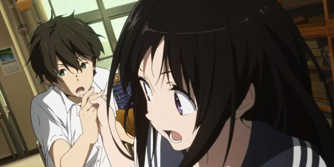 Eru Chitanda pulls Houtarou Oreki with her in Hyouka.