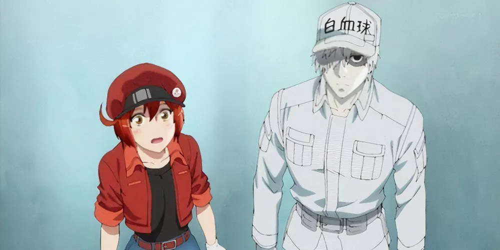 Sekkekkyo and Hakkekkyu from Cells at Work! are looking up in concern.