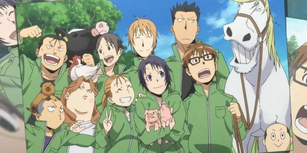 The cast of Silver Spoon pose together with various animals for a photo