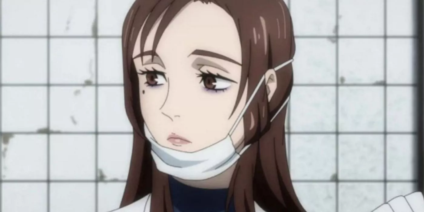 Shoko Ieri luce estoica con su máscara médica bajada en Jujutsu Kaisen.