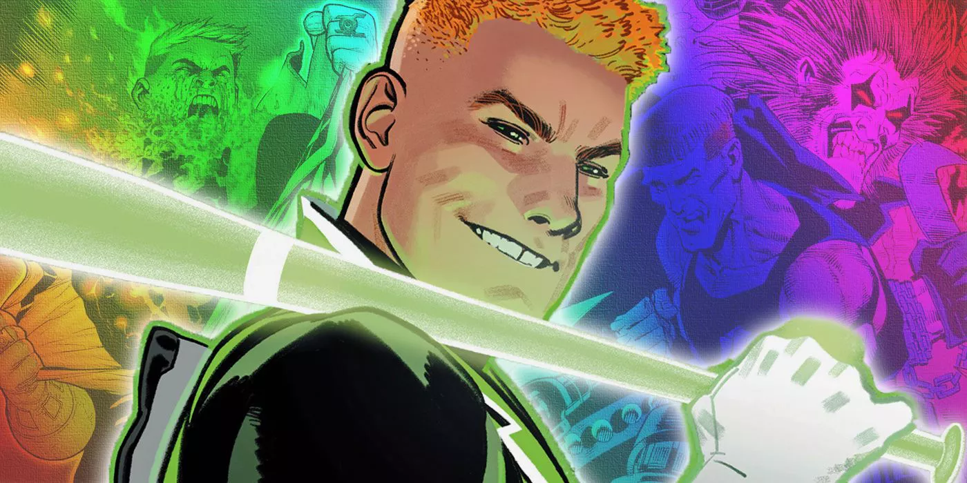 Guy Gardner sosteniendo un bat construct con momentos importantes de su cómic en el fondo