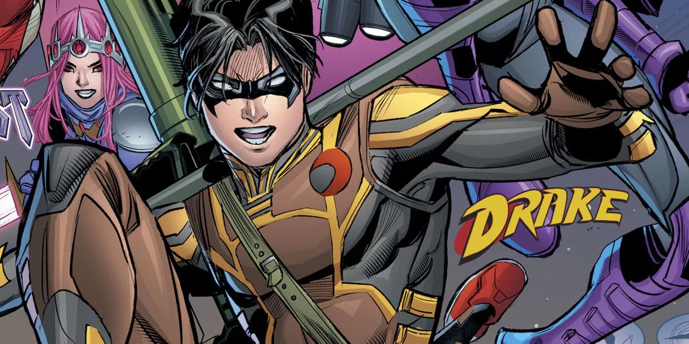 Tim Drake en su disfraz de Drake de Young Justice