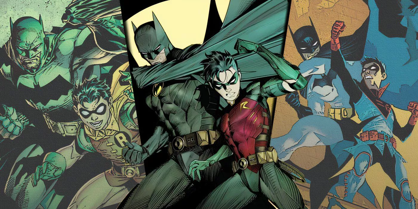 Esta imagen personalizada presenta imágenes divididas de Batman con las versiones de Robin de Dick Grayson, Tim Drake y Damian Wayne de DC Comics.