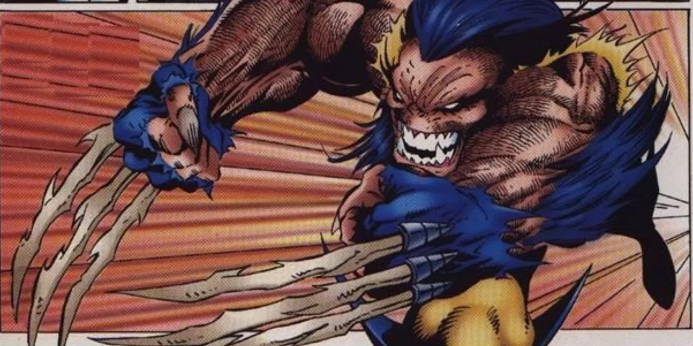 A feral Wolverine is lunging forward in Marvel Comics.