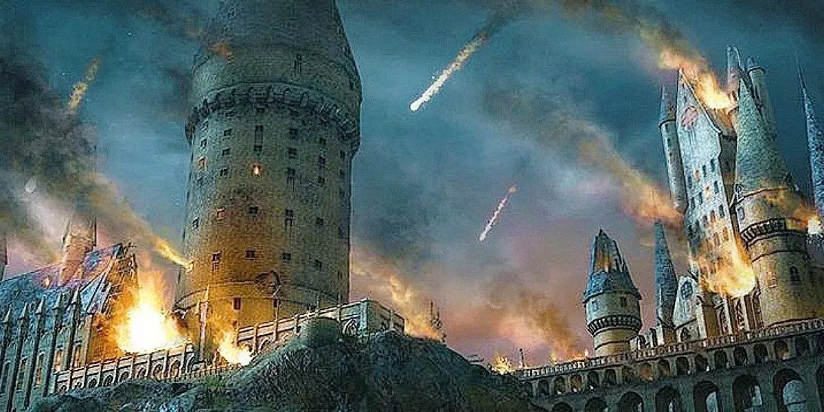 Hogwarts en llamas durante la Batalla de Hogwarts.