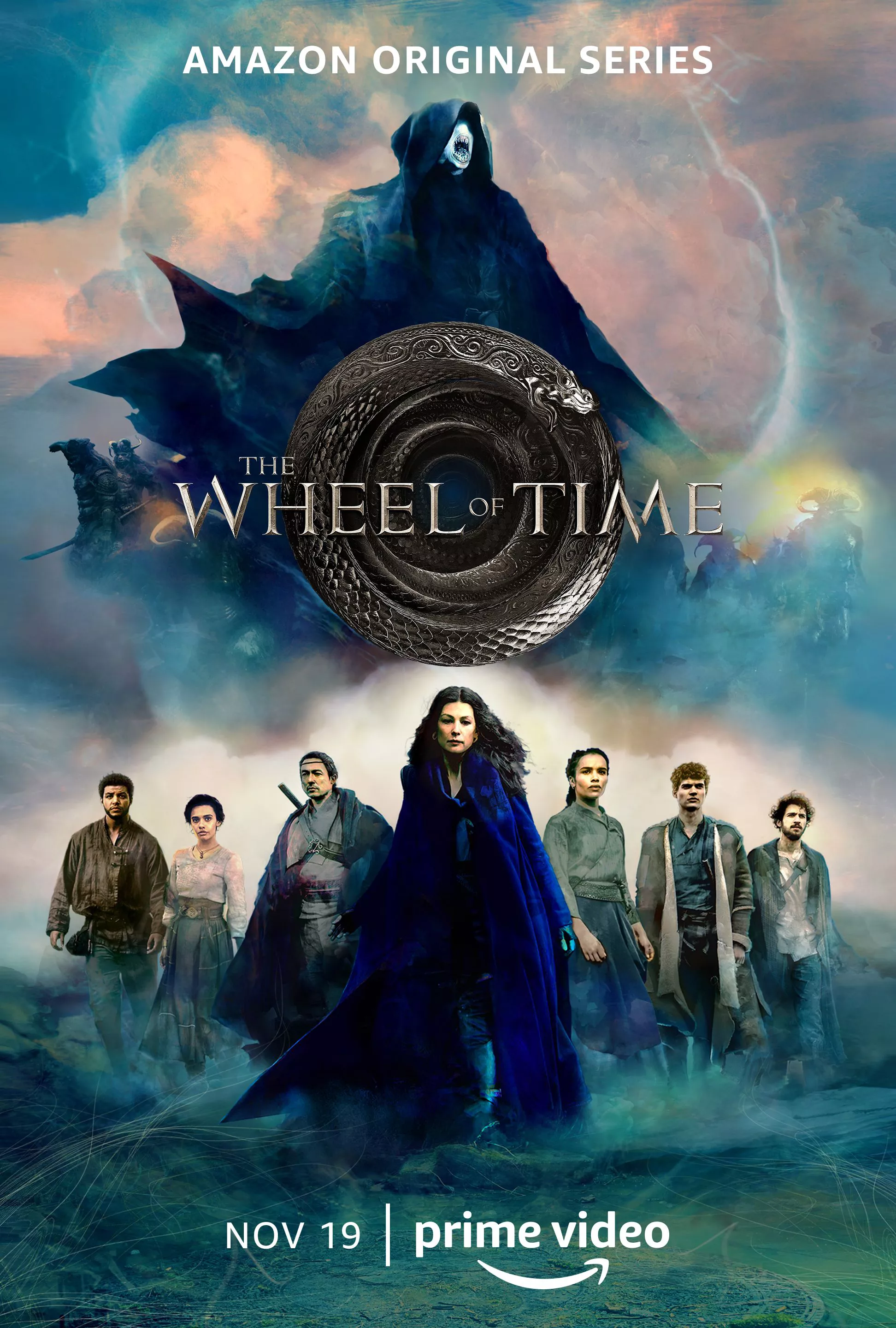 The Wheel of Time TV show poster shows the cast below the Wheel and the Dark One.