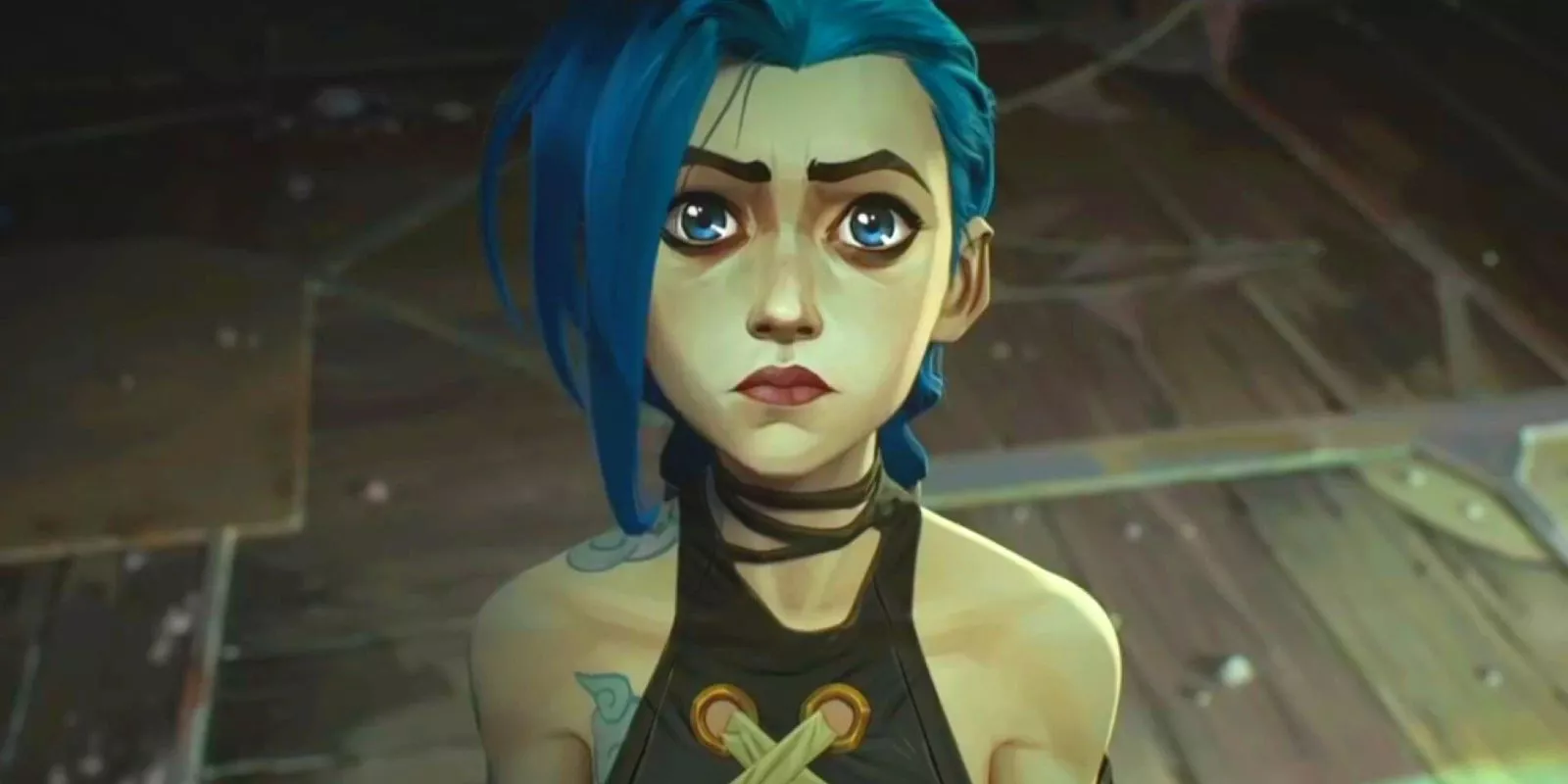 Jinx from Netflix's Arcane is looking upwards with a wide-eyed expression.