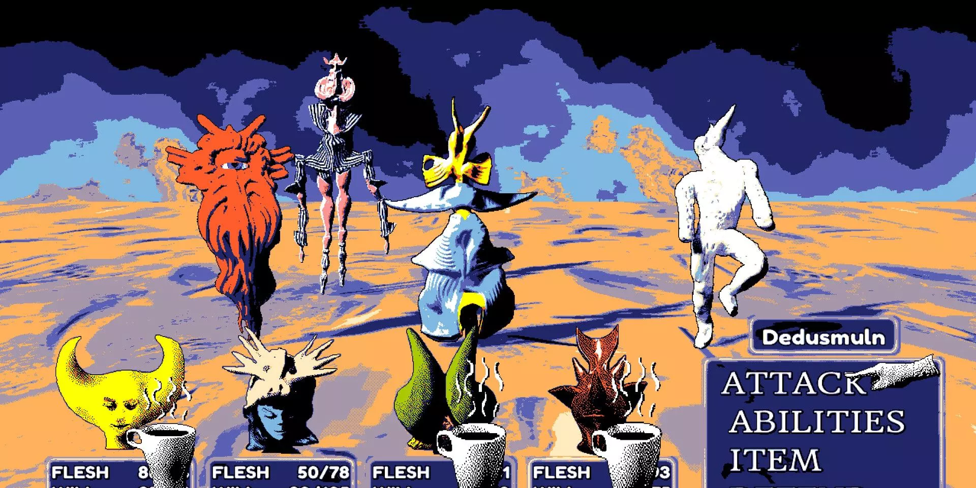 La pantalla de batalla de Hylics 2, mostrando a un grupo completo de Wayne, Somsnosa, Dedusmuln y Pongorma.