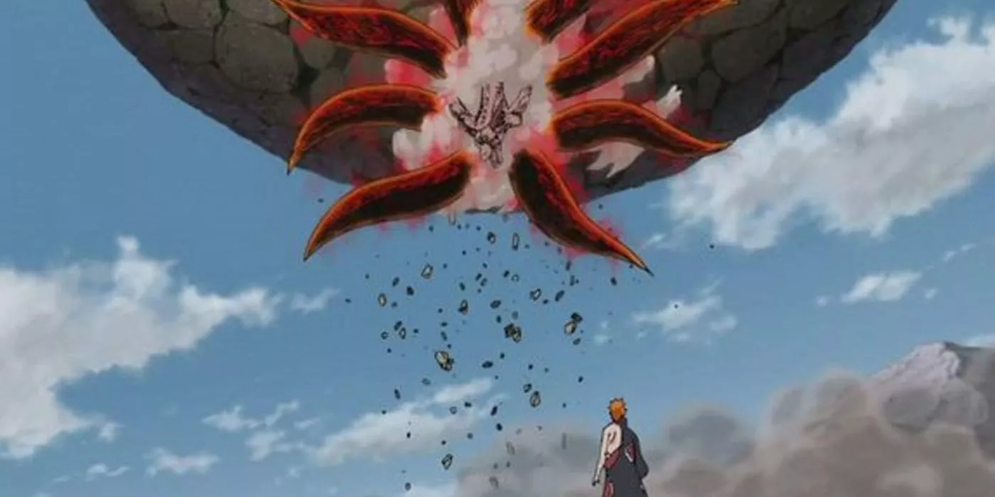 Pain de pie bajo el Naruto de Nueve Colas en Shippuden