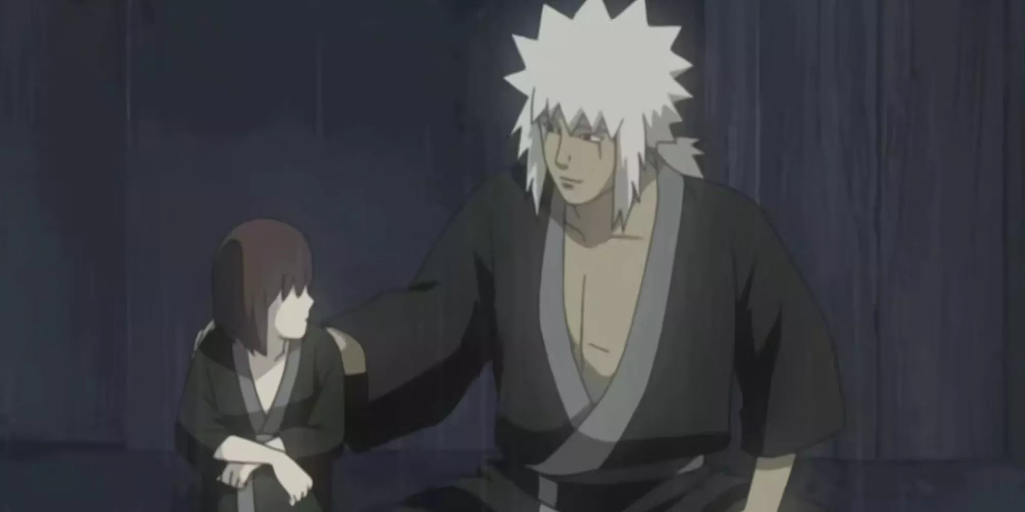 Nagato y Jiraiya en la lluvia hablando sobre la vida en Naruto Shippuden