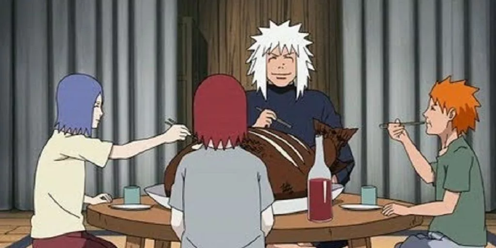 Jiraiya cena con Konan, Nagato, y Yahiko en Naruto Shippuden