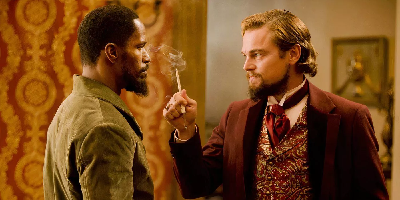 Jamie Foxx as Django and Leonardo Dicaprio as Calvin Candie discussing a business proposition in Calvin's suite in Django Unchained.