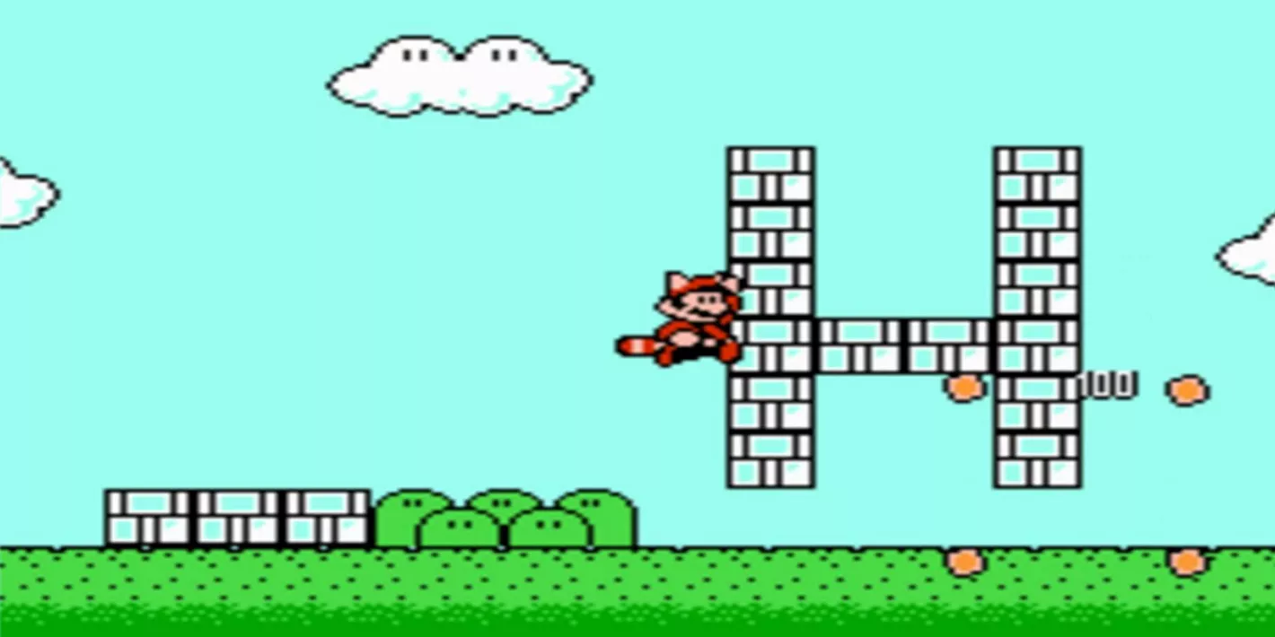 Raccoon Mario navigates around grabbable blocks in Super Mario Bros. 3.