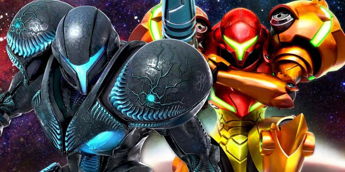 Dark Samus floats into position and Samus Aran draws her arm cannon