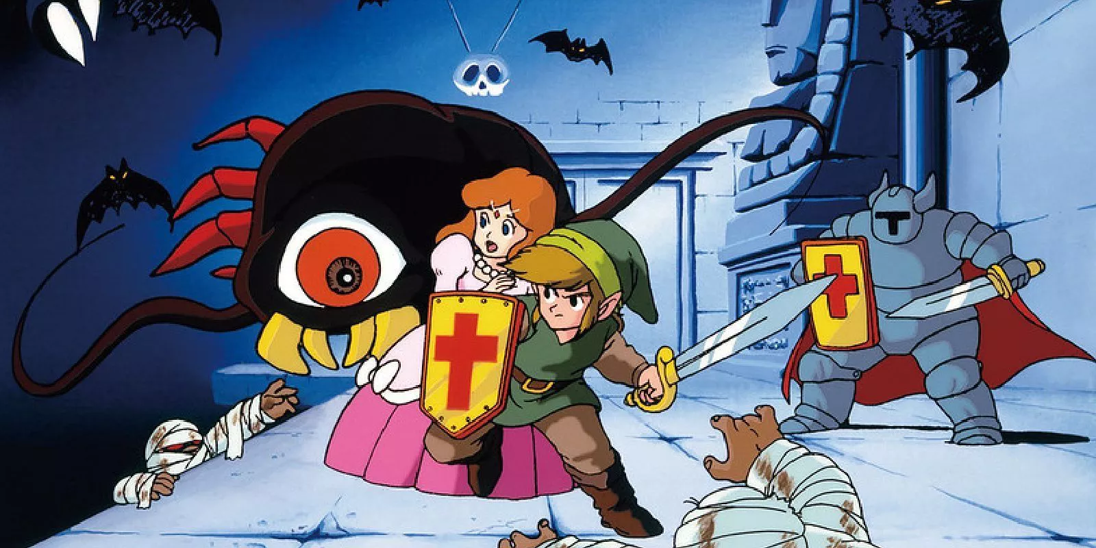 Link and Princess Zelda face enemies in the original official promo art for The Legend of Zelda on NES.