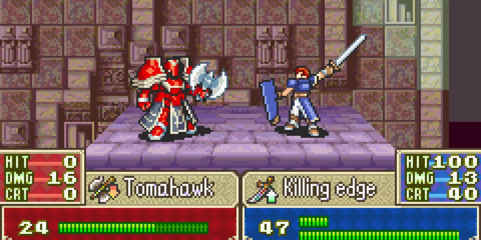 Battle gameplay from Fire Emblem for the Game Boy Advance shows Roy facing off against an enemy.