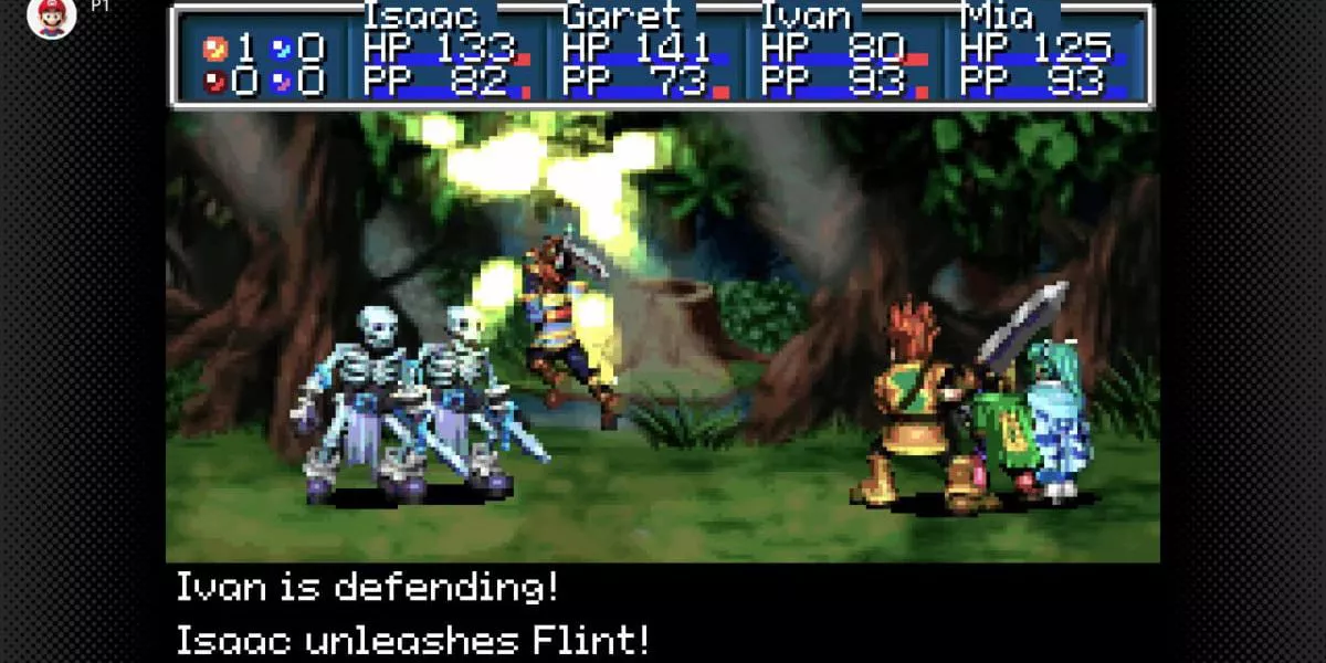 Isaac attacks a skeleton enemy during a turn-based battle in Golden Sun on Nintendo Switch Online