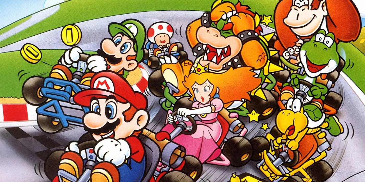 Super Mario Kart art featuring Mario, Luigi, Princess Peach, Toad, Bowser, Donkey Kong and Yoshi.