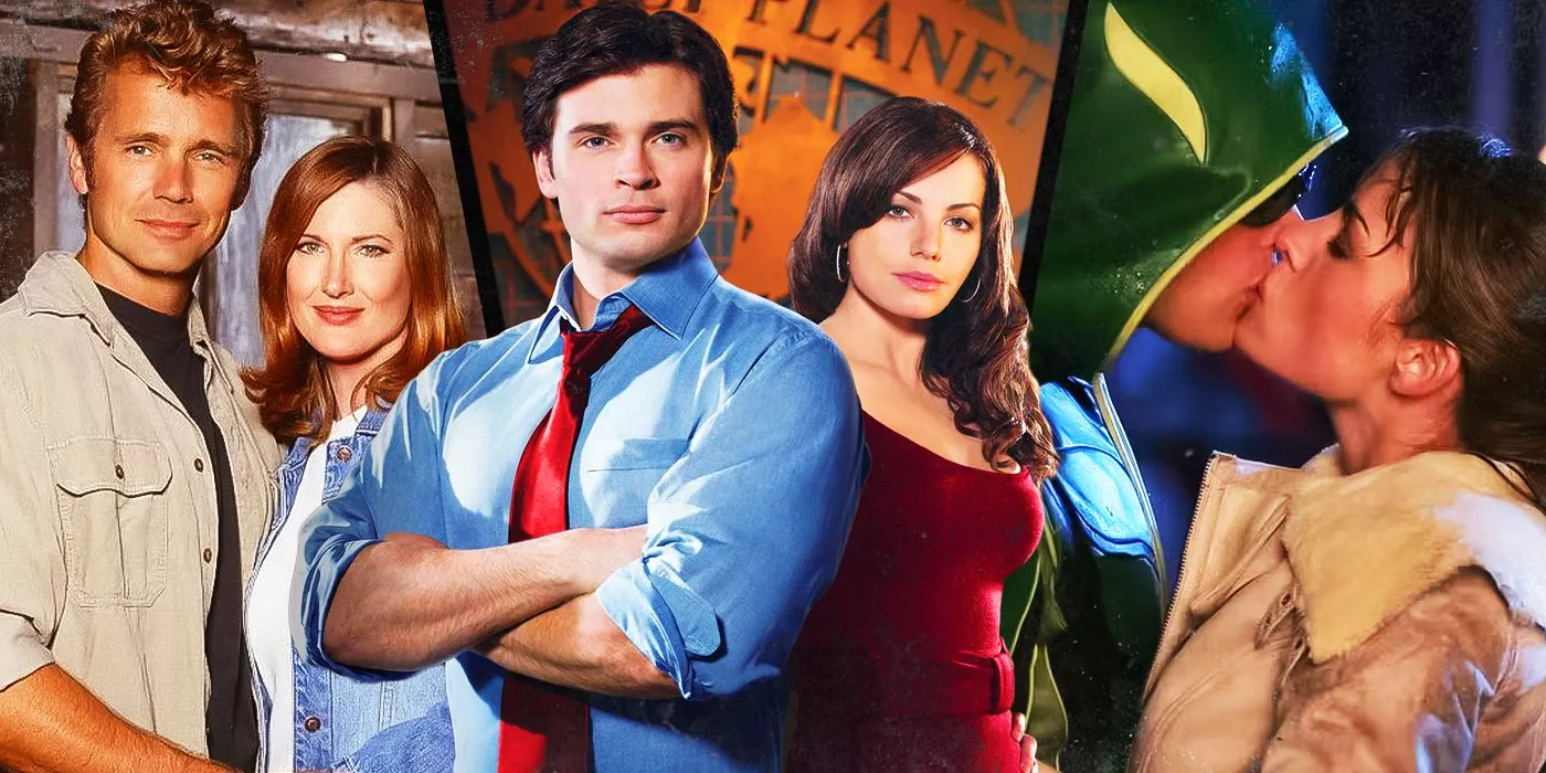 A split image shows Jonathan and Martha Kent, Clark Kent and Lois Lane, and Oliver Queen with Lois in Smallville