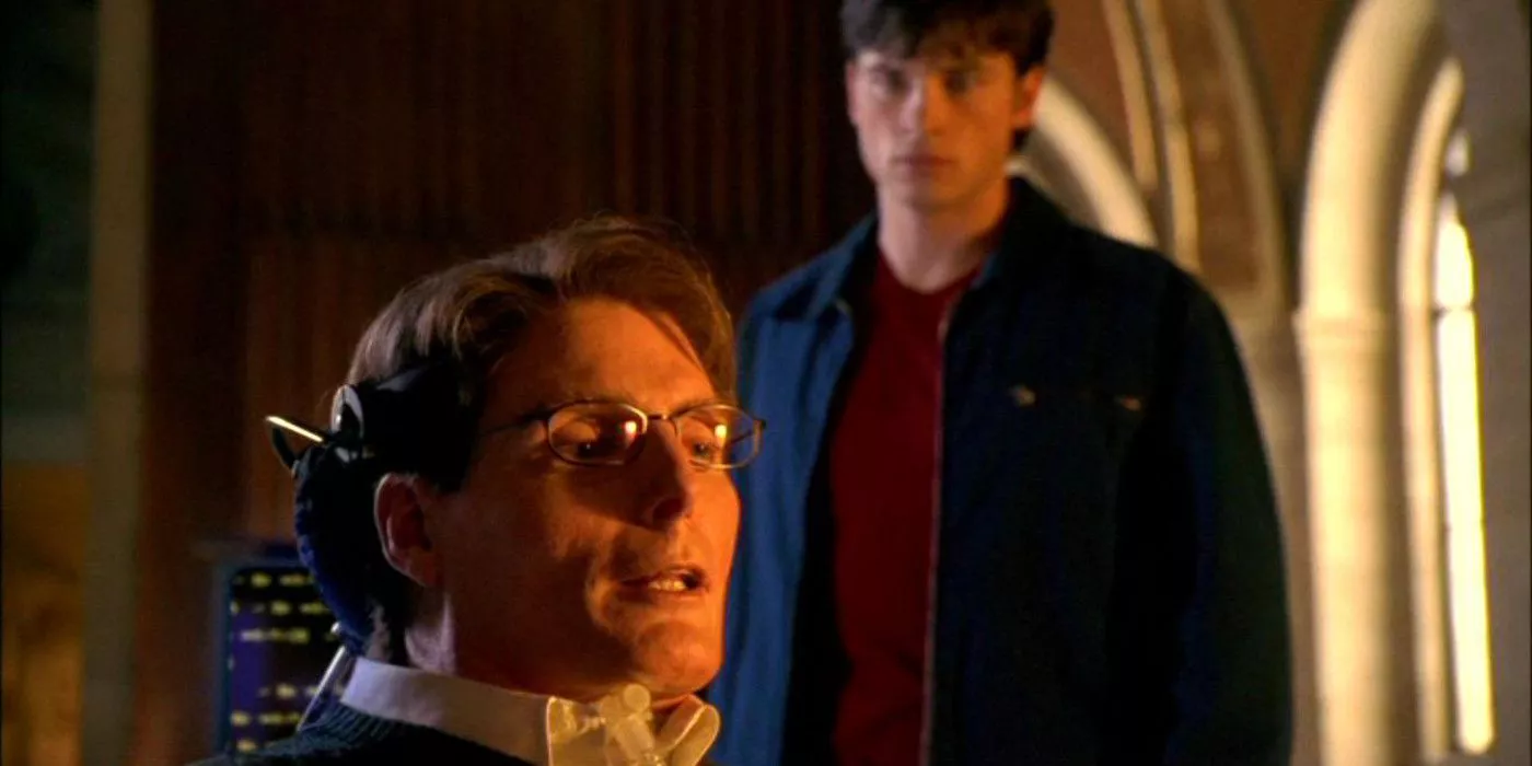 Clark looks over at Dr.Swann (Christopher Reeve) in Smallville.