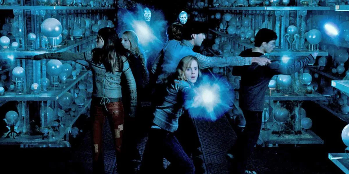 Harry, Hermione, Neville, Ron, Ginny, and Luna using Stupefy in the Department of Mysteries.