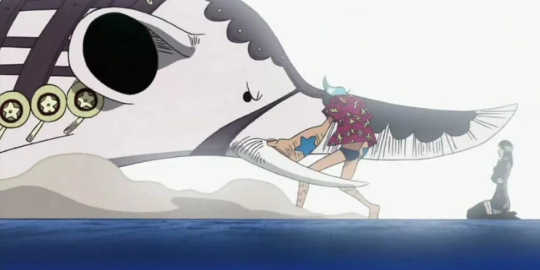 Franky stops Funkfreed from attacking Nico Robin during One Piece's Enies Lobby Arc.