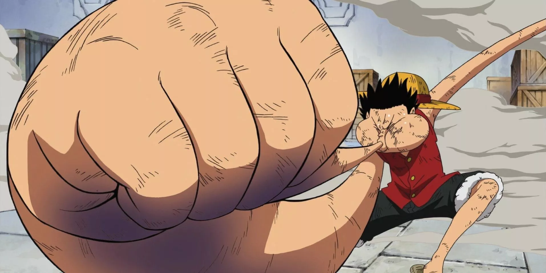 Luffy inflates his arm to begin gear 3 in Enies Lobby