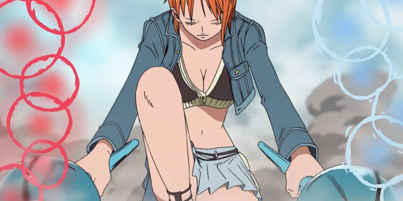 Nami is wielding the Clima-Tact against Kalifa during One Piece's Enies Lobby arc.