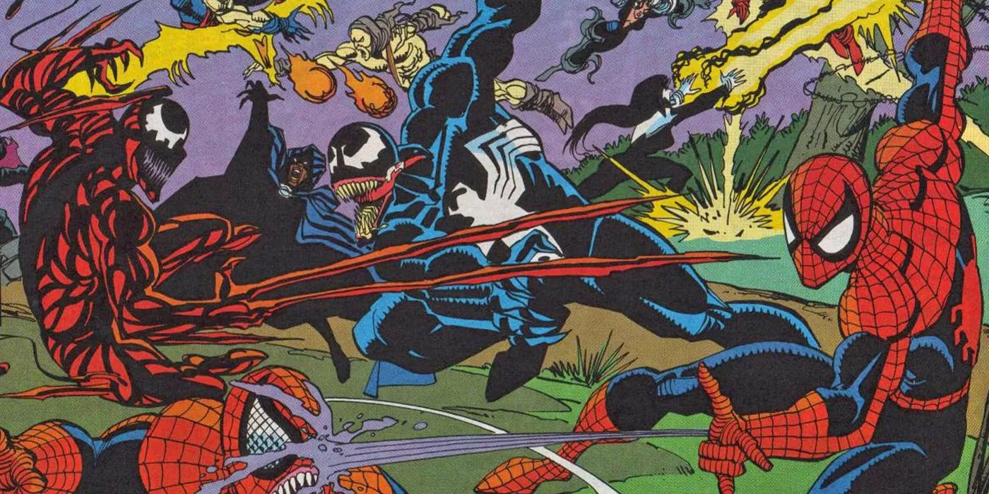 Spider-Man and Venom fight Carnage in Maximum Carnage