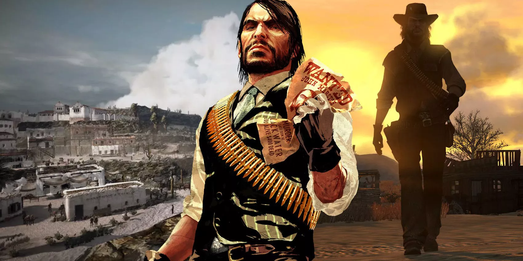 An image of John Marston from Red Dead Redemption is superimposed in front of images of a town and a silhouette of John Marston walking through a run-down town.