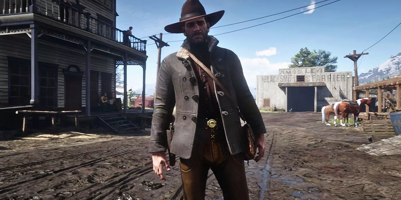 Arthur in detailed town landscape in Valentine in Red Dead Redemption 2.