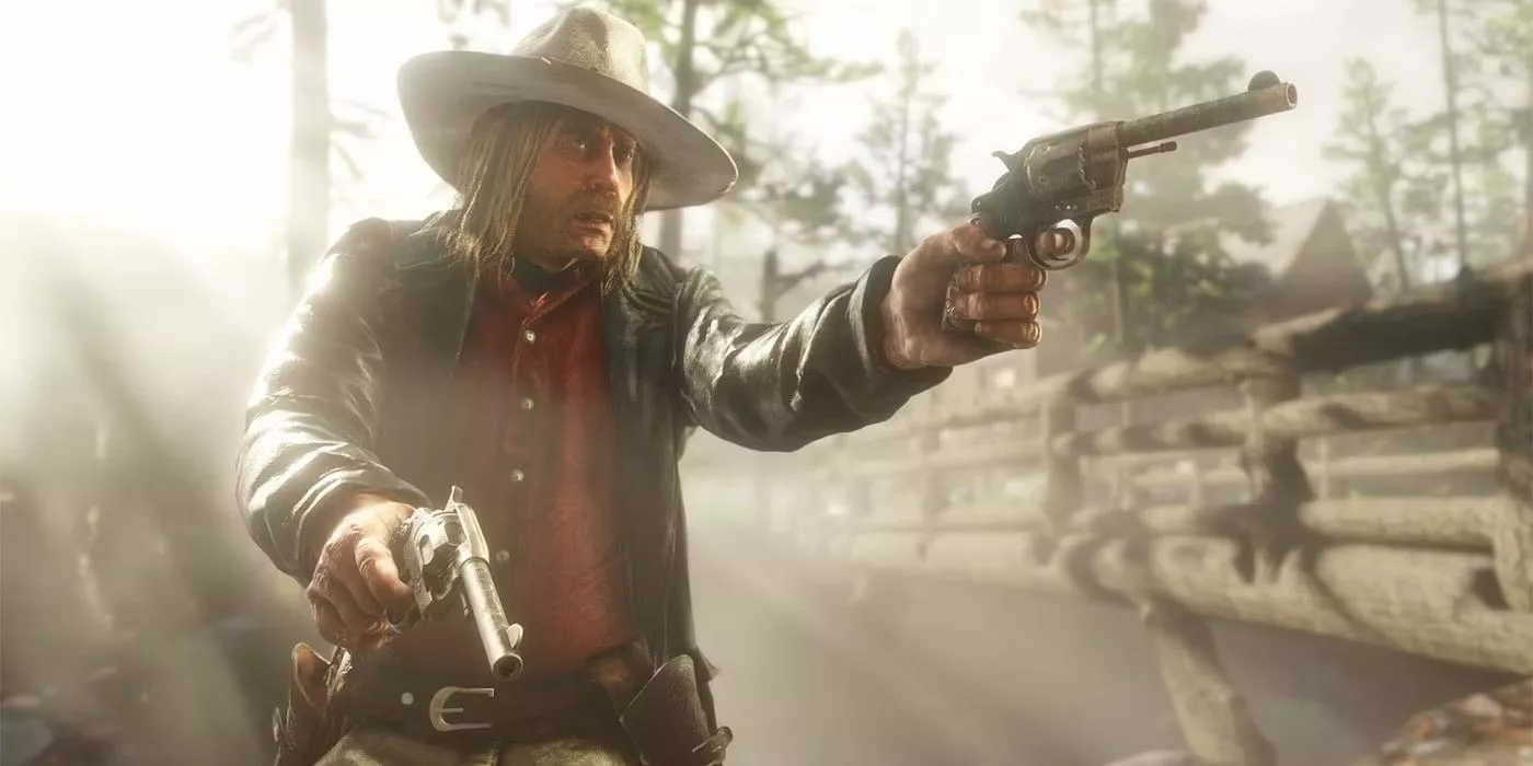 Micah aiming two revolvers in Red Dead Redemption 2