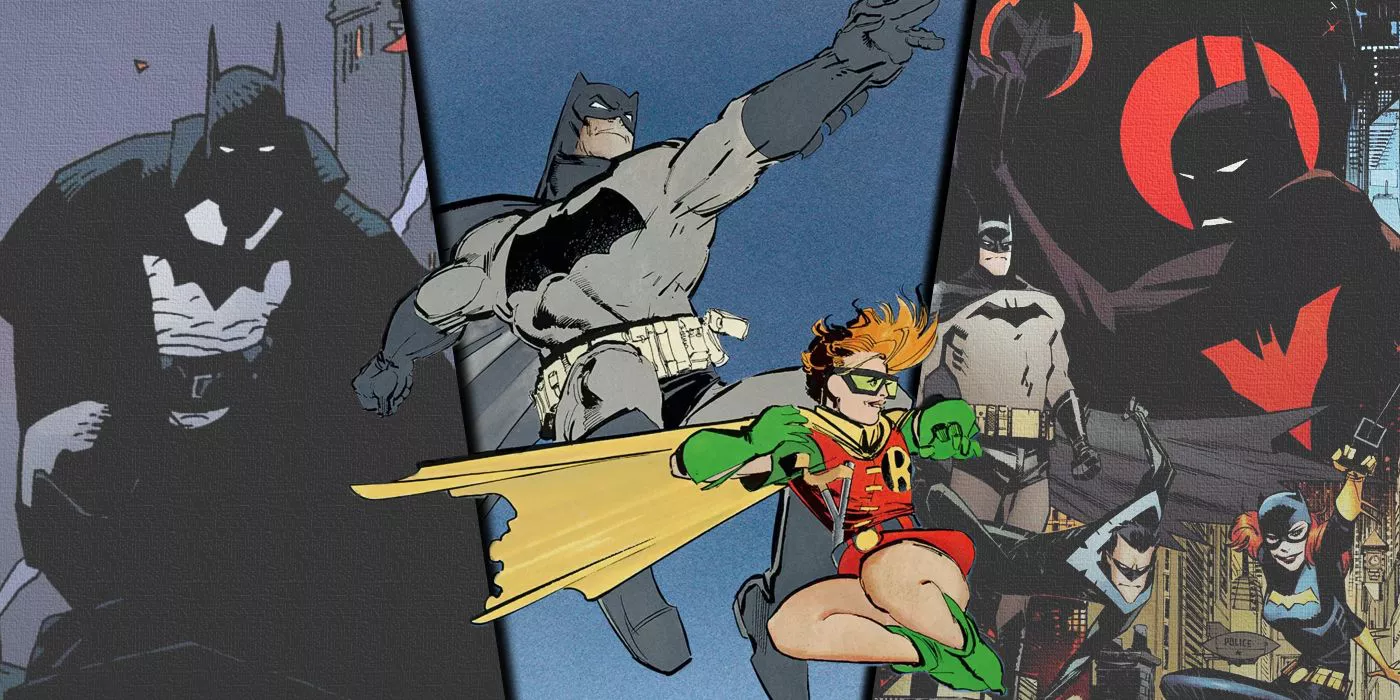 Split image of Gotham by Gaslight, The Dark Knight Returns, and Batman Beyond 2.0 from DC Comics