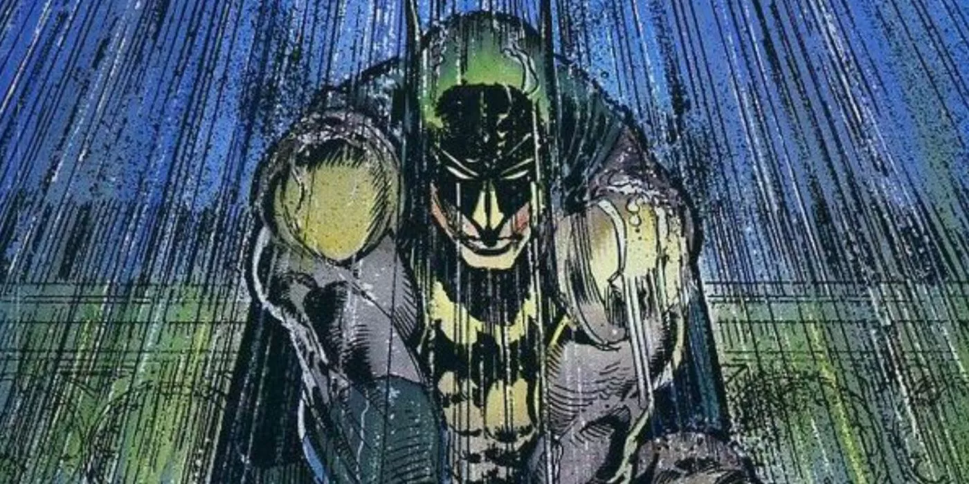 Batman perched on a gargoyle in the rain in cover art for Gothic.