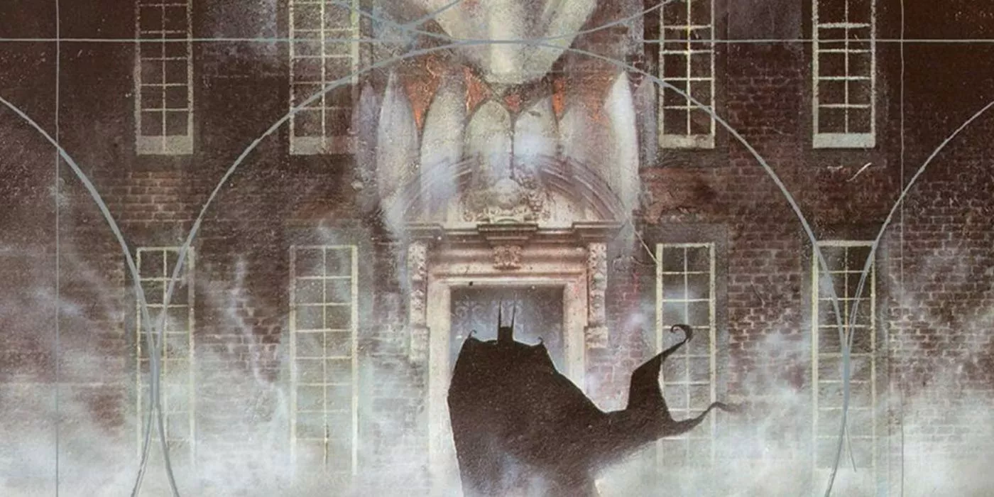 Batman is entering Arkham Asylum in Dave McKean's Arkham Asylum: Serious House On A Serious Earth in DC Comics.