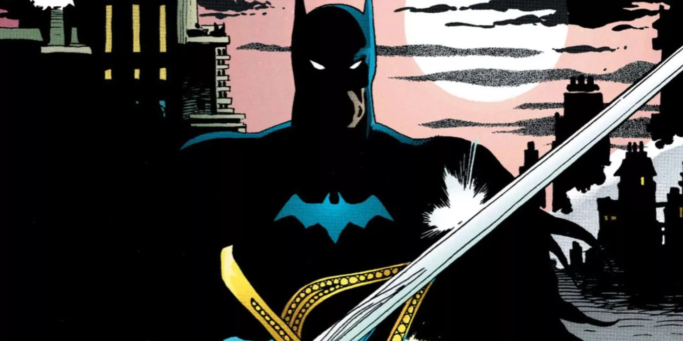 Batman is covered in shadows as the Cavalier wields his sword in Blades cover art.