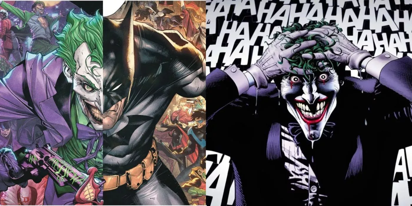 Split image of Batman and Joker in cover art for The Joker War and The Killing Joke.