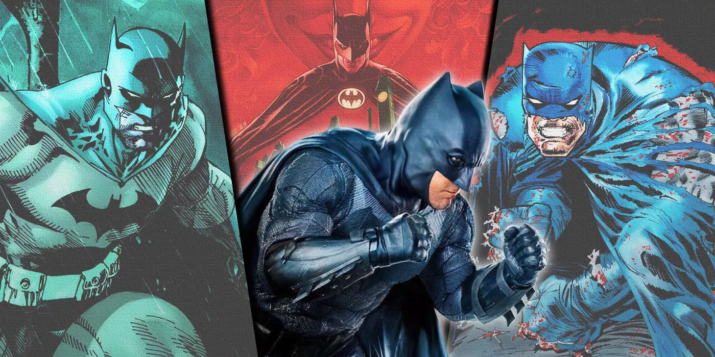 DCEU’s Batman with covers for Batman: Hush, Batman '89: Echoes, and The Dark Knight Returns