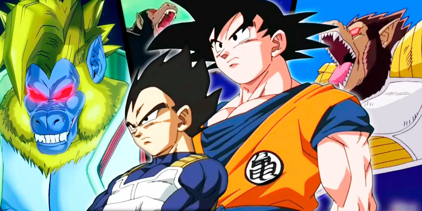 Great Ape Goku, Great Ape Vegeta, and Baby Great Ape from GT on the background with Vegeta and Goku