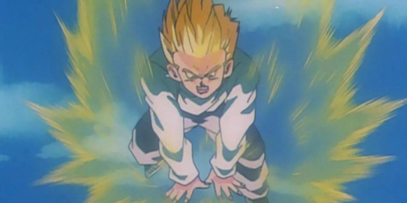 Super Saiyan Goten fires an energy attack at Baby in Dragon Ball GT.