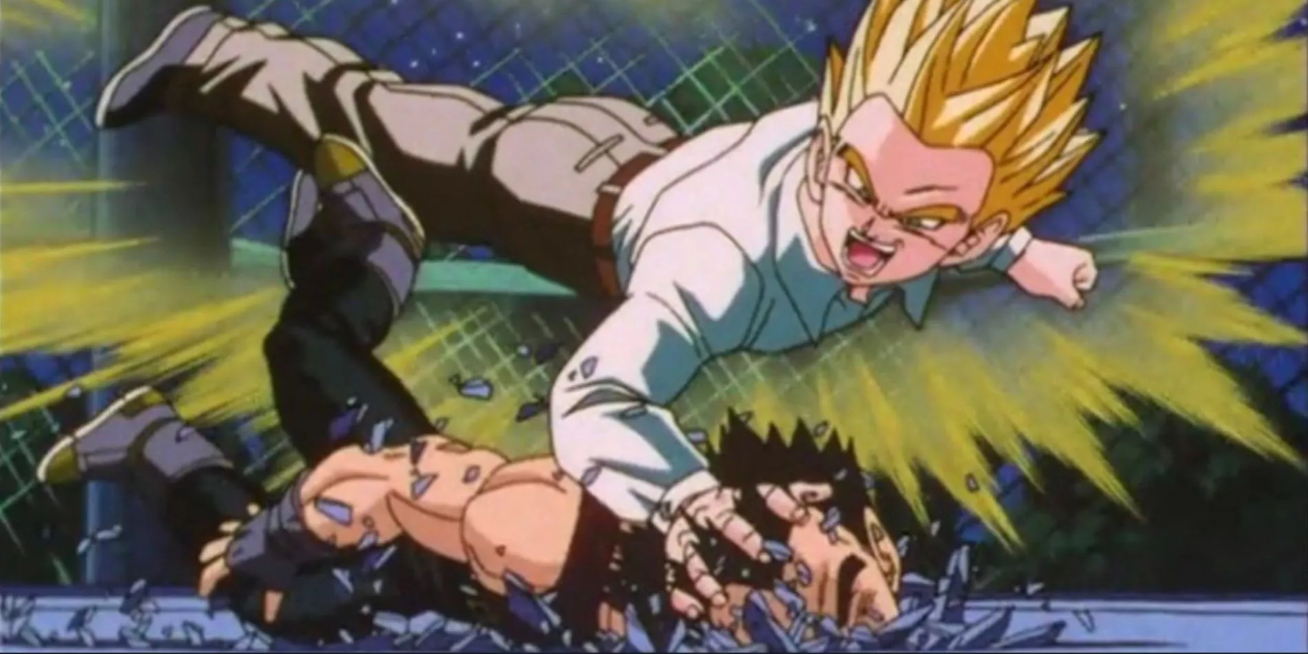 Baby infected Super Saiyan Gohan attacks Vegeta in Dragon Ball GT.