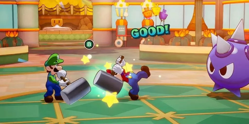 Mario y Luigi realizan un ataque de hermanos en Mario & Luigi: Brothership