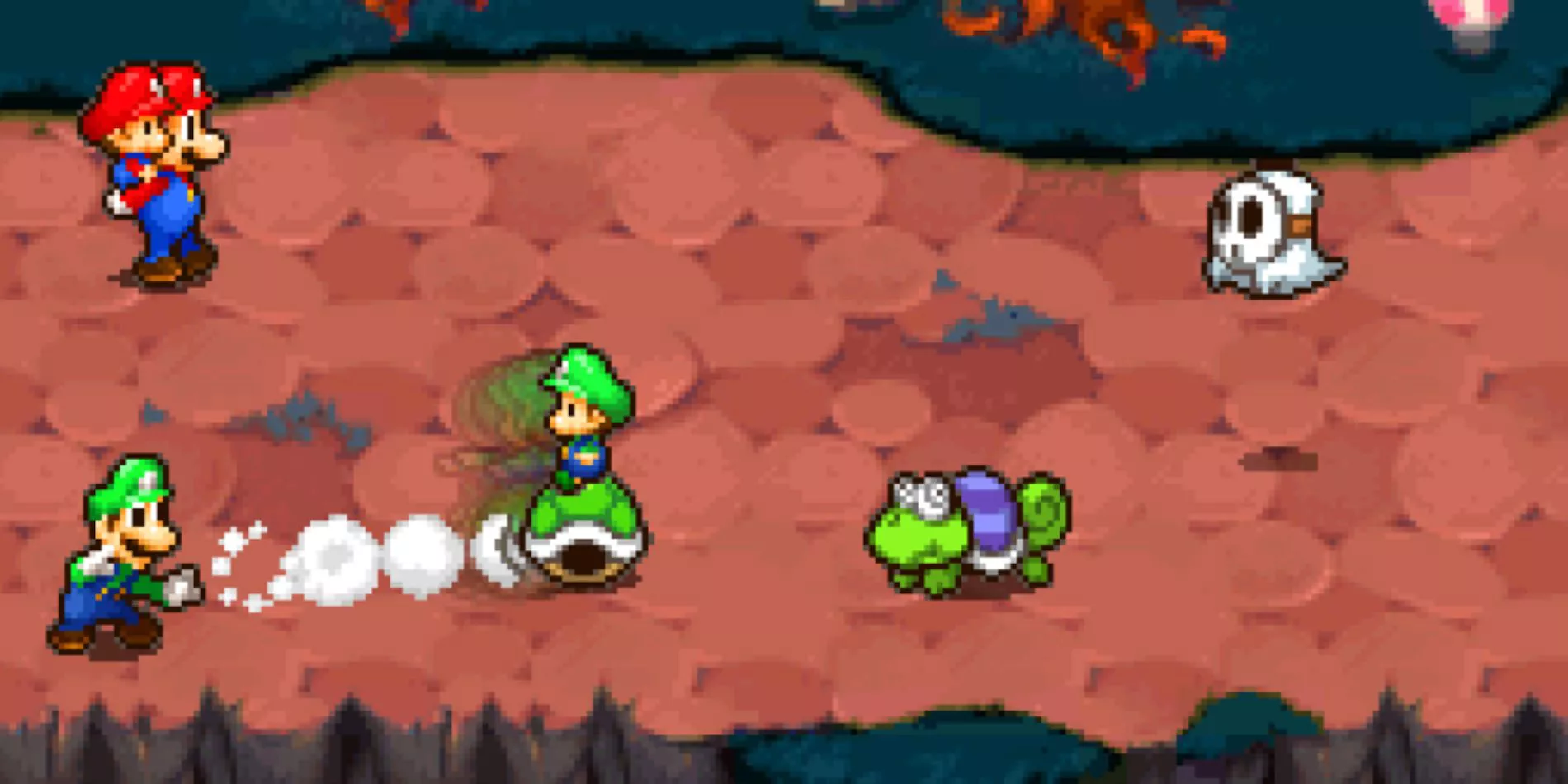 Mario, Luigi, Baby Mario y Baby Luigi en batalla en Mario & Luigi: Partners in Time.