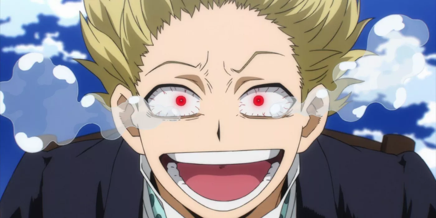 Monoma riendo mientras utiliza la peculiaridad de Aizawa mientras Manual mantiene sus ojos hidratados.