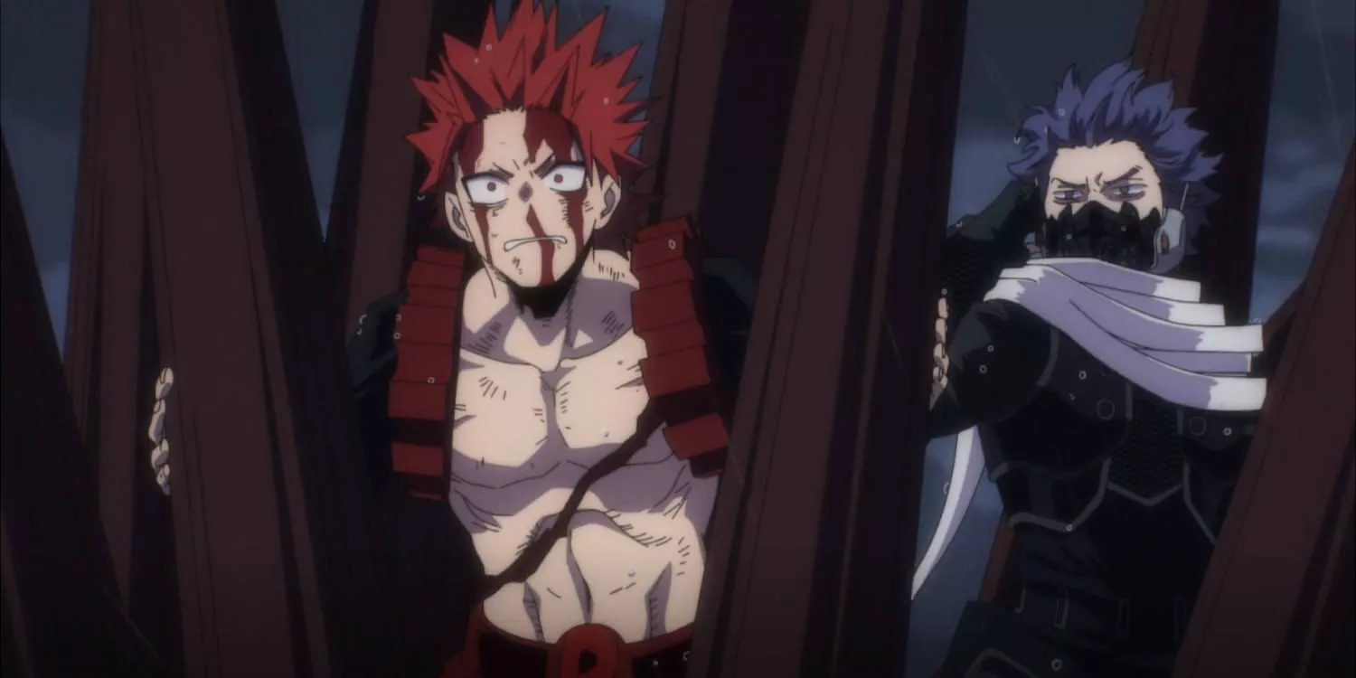 Shinso y Kirishima en el cabello de Gigantomachia durante My Hero Academia temporada 7.